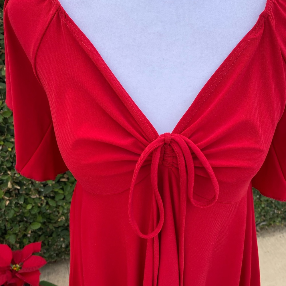 Red Drawstring V-Neck Blouse